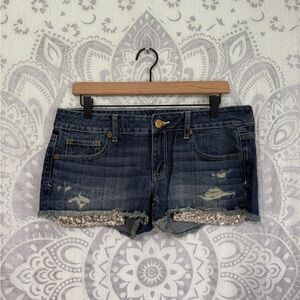 Nwt $48 American Eagle 2012 Y2K Sequin Shortie Blue Jean Shorts Low Rise 10